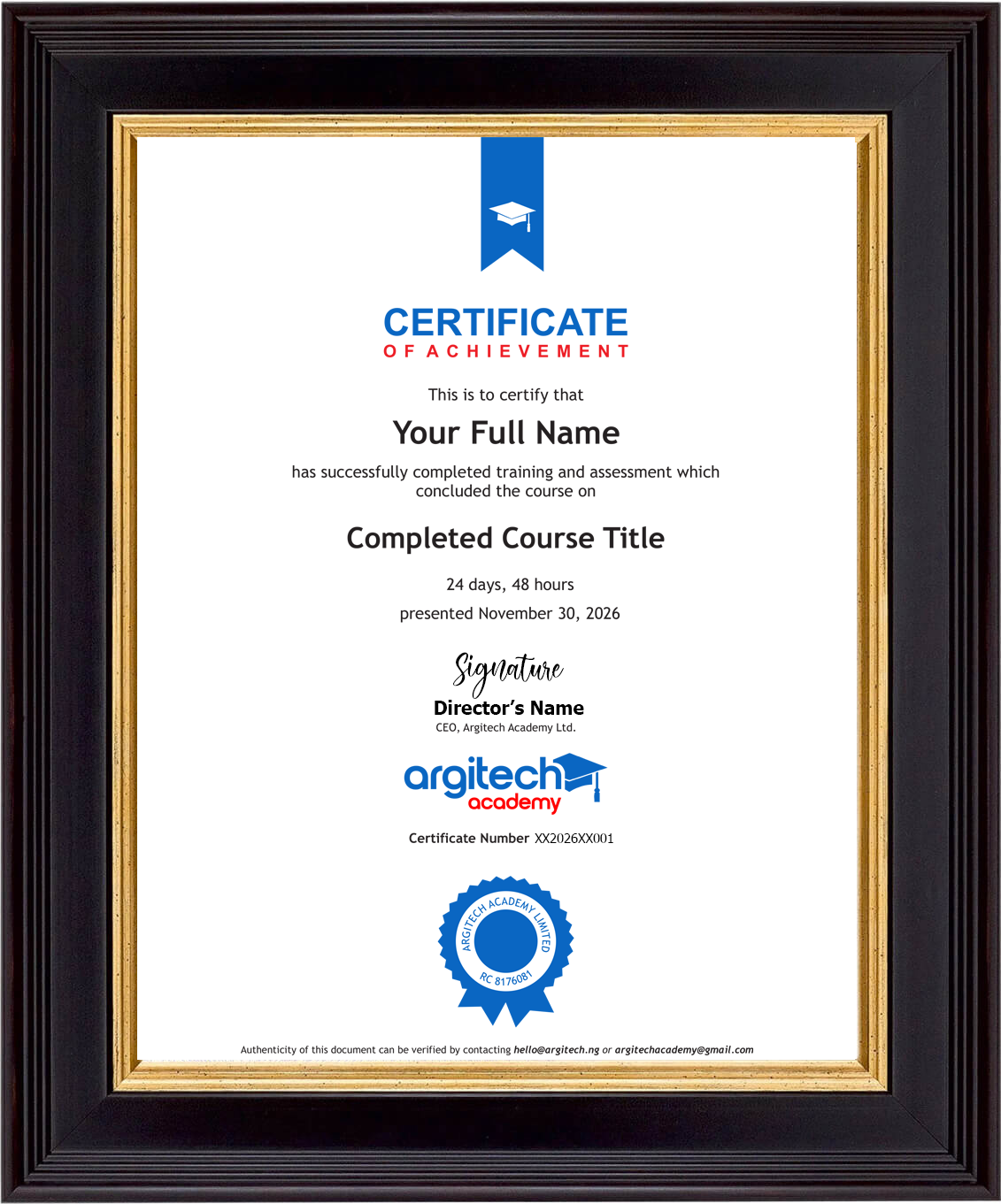 Argitech certificate sample
